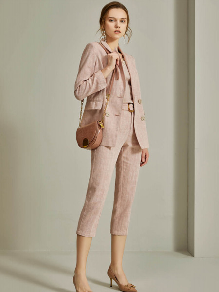 朗斯莉女装品牌2019秋季新款粉色西装小外套西服套装时尚修身小脚裤气质两件套
