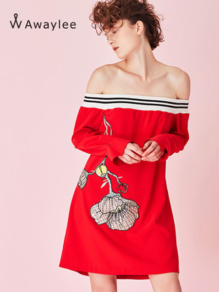 Awaylee女装品牌2019春夏新款红色刺绣一字肩长袖连衣裙