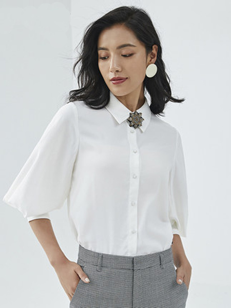 风笛女装品牌2019秋季新款长袖衬衫白色雪纺弹力打底衫