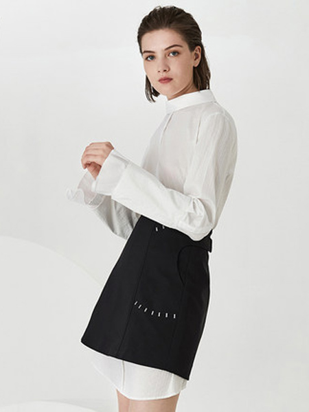 荷比俪女装品牌2019秋季新款条纹休闲长款白衬衫双层袖口衬衣