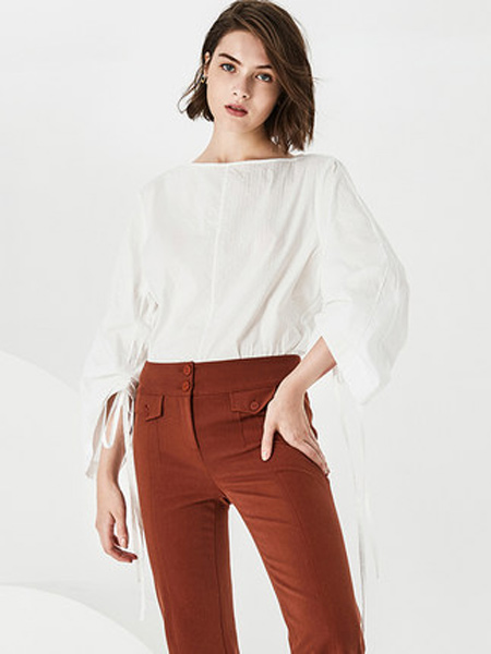 荷比俪女装品牌2019秋季新款条纹肌理休闲白衬衫长袖系带衬衣