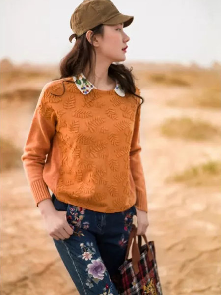 渔女装品牌2019秋季新款韩版纯棉衬衣领打底针织毛衣