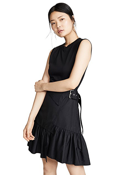 EUCA（友咖）女装品牌2019春夏新款黑色腰带不规则拼接荷叶边连衣裙