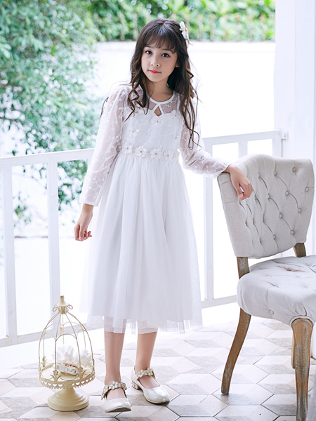 嗒嘀嗒童装品牌2019秋冬新款韩版洋气长袖白色蕾丝连衣裙