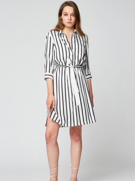 GAS女装品牌2019春夏新款黑白条纹真丝连衣裙中长款系带长袖衬衫裙