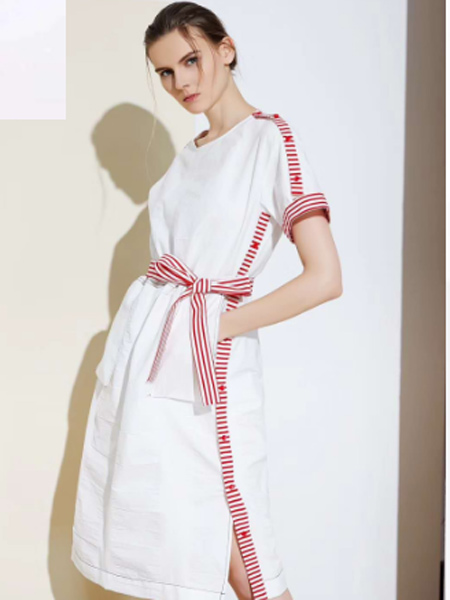YU ONE女装品牌2019春夏新款洋气白色气质优雅条纹中长款棉麻连衣裙