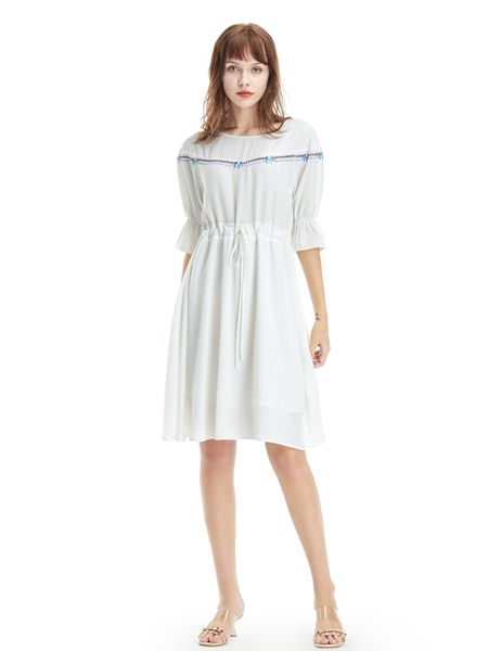 凡恩女装品牌2019春夏新款单排扣中长款文艺白色衬衫裙