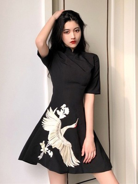 景安女装品牌2019春夏新款修身气质A字中长款短袖Polo领连衣裙