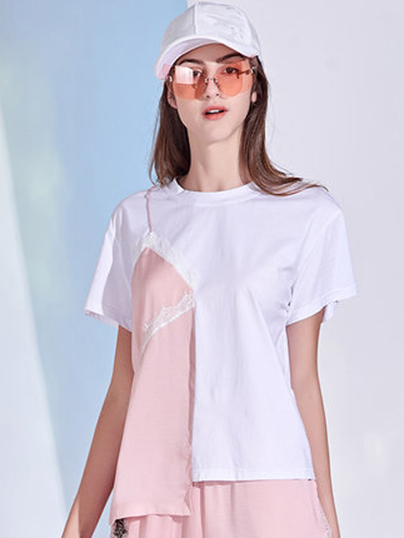 卡布依女装品牌2019春夏新款拼接短袖假两件简约百搭时尚T恤