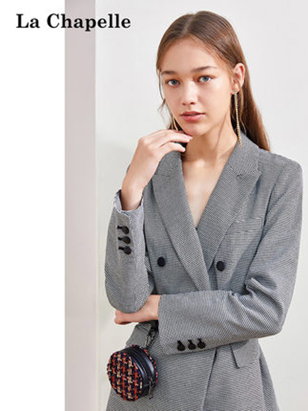 拉夏贝尔女装品牌2019秋季新款韩版格子休闲气质修身长袖西装外套