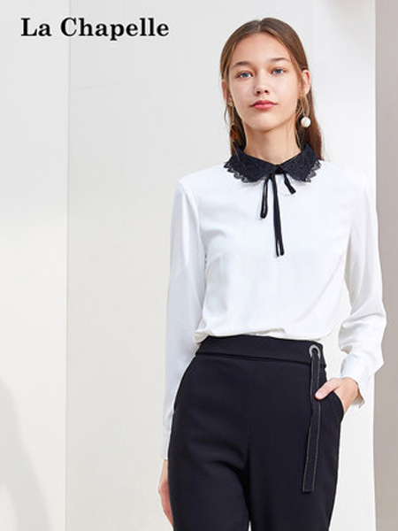 拉夏贝尔女装品牌2019秋季新款洋气长袖百搭时尚套头上衣韩版白色雪纺衫