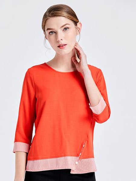 吉蒂女装品牌2019春夏新款大码七分袖条纹拼接T恤衫女中袖休闲上衣