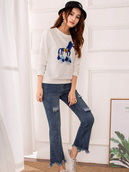 蓝缇儿女装品牌2019春夏新款破洞牛仔裤宽松高腰微喇裤毛边显瘦喇叭裤韩版九分裤