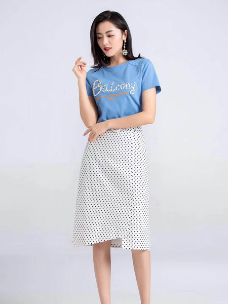 蓝缇儿女装品牌2019春夏新款 韩版宽松印花短袖T恤+收腰包臀半身裙套装