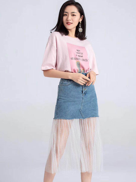 蓝缇儿女装品牌2019春夏新款短袖T恤宽松韩版印花字母粉色打底衫上衣