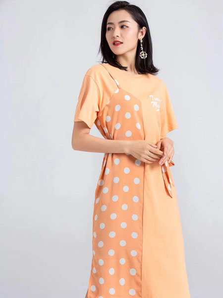 蓝缇儿女装品牌2019春夏新款韩版宽松拼接波点连衣裙