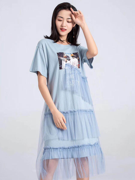 蓝缇儿女装品牌2019春夏新款网纱拼接短袖t恤连衣裙时尚修身小众长裙宽松潮