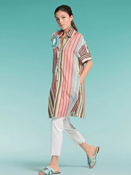 玛可凯恩 marc cain女装品牌2019春夏新款 竖条纹衬衫连衣裙