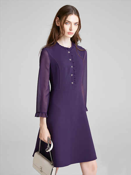 海兰丝女装品牌2019秋季新款紫色雪纺气质中长款长袖修身显瘦连衣裙a字裙