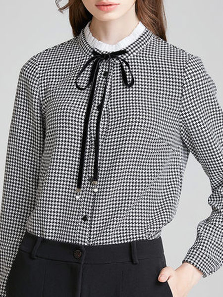 海兰丝女装品牌2019秋季新款韩版格子衬衫女气质复古长袖立领上衣