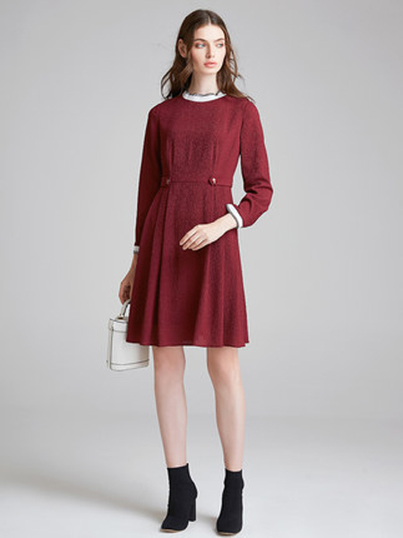 海兰丝女装品牌2019秋季新款气质立领显瘦A字裙子复古红色雪纺连衣裙