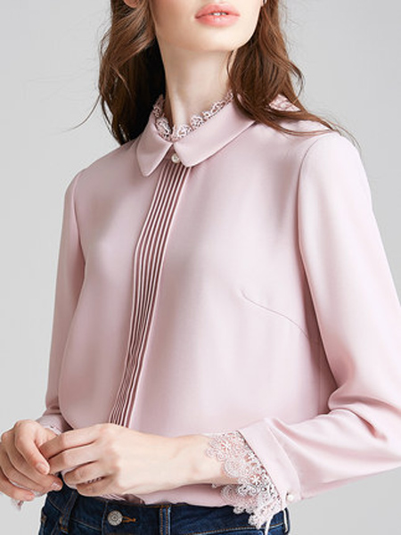 海兰丝女装品牌2019秋季新款气质温柔粉色拼接蕾丝长袖上衣百搭雪纺衬衫