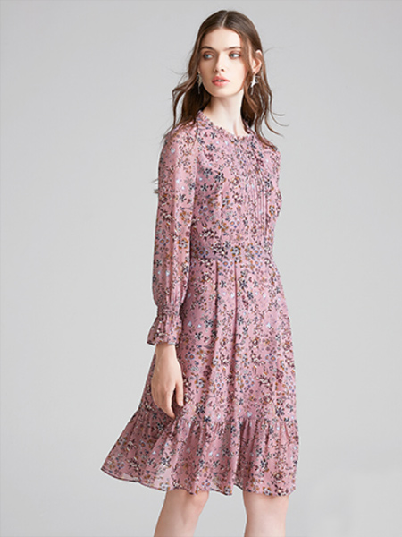 海蘭絲女裝品牌2019秋季新款流行裙子氣質收腰修身顯瘦復古長袖碎花連衣裙