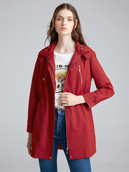 海兰丝女装品牌2019秋季新款休闲连帽长袖外套小个子收腰红色中长款风衣