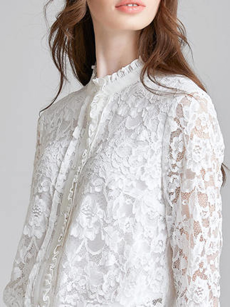 海兰丝女装品牌2019秋季新款设计感小众白色上衣气质韩版长袖蕾丝镂空衬衫
