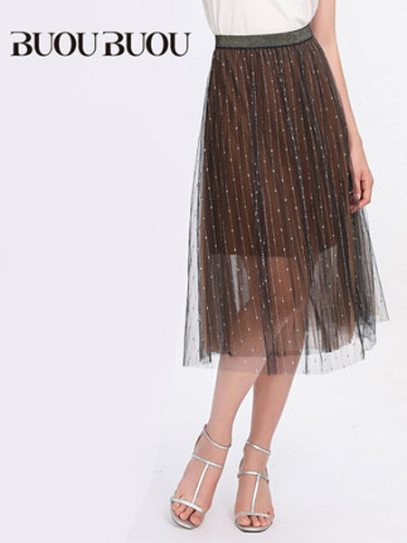 BUOUBUOU邦宝女装品牌2019春夏新款时尚气质金色条纹黑色网纱半身裙