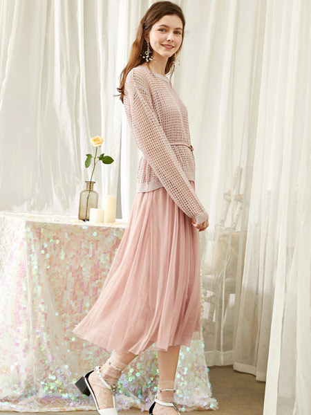 春美多女装品牌2019秋季新款流行裙子仙女超仙森系法式桔梗裙针织两件套网纱裙