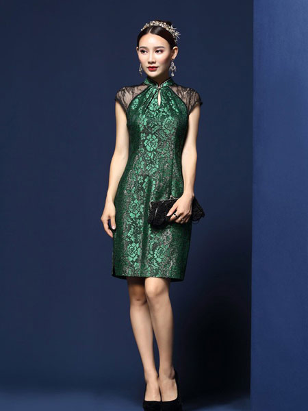 凤禧女装品牌2019春夏新款中国风复古修身短款蕾丝日常改良旗袍式连衣裙
