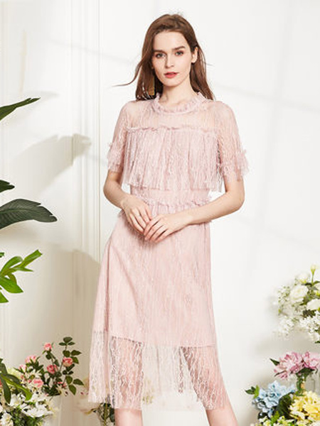 斯尔丽女装品牌2019春夏新款网纱短袖蕾丝镂空气质仙气连衣裙
