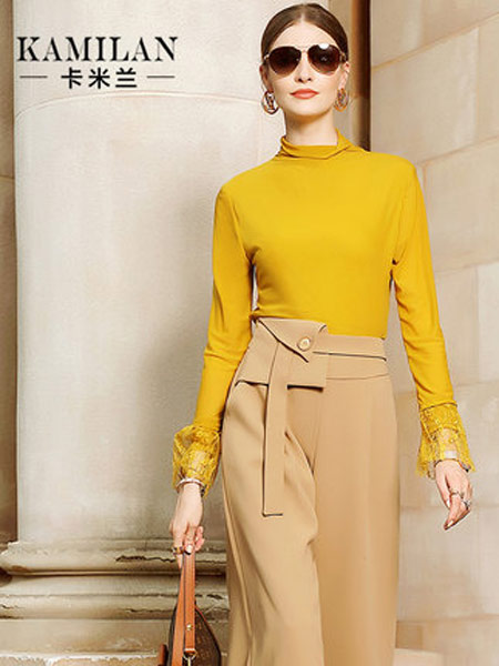 卡米兰女装品牌2019秋季新款简约百搭黄色半高领上衣长袖打底衫