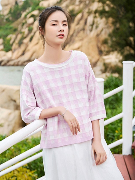 BUKHARA布卡拉女装品牌2019春夏新款韩版格子简约圆领半袖针织套衫