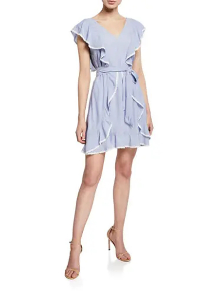 Starblogs星塔布洛女装品牌2019春夏新款荷叶褶皱腰带条纹连衣裙