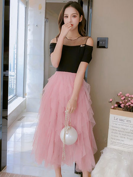 欧贝萱女装品牌2019春夏新款韩版时尚拼接假两件蛋糕连衣裙
