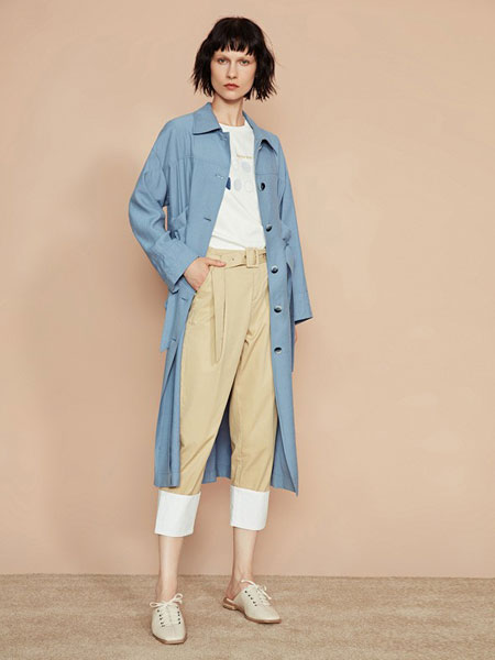 F.SHINE女装品牌2019秋冬纯色长款单排扣风衣翻领插肩袖绑带长袖外套