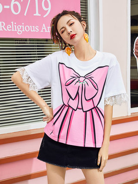 玛玛绨女装品牌2019春夏新款时尚粉色印花蕾丝宽松休闲短袖上衣