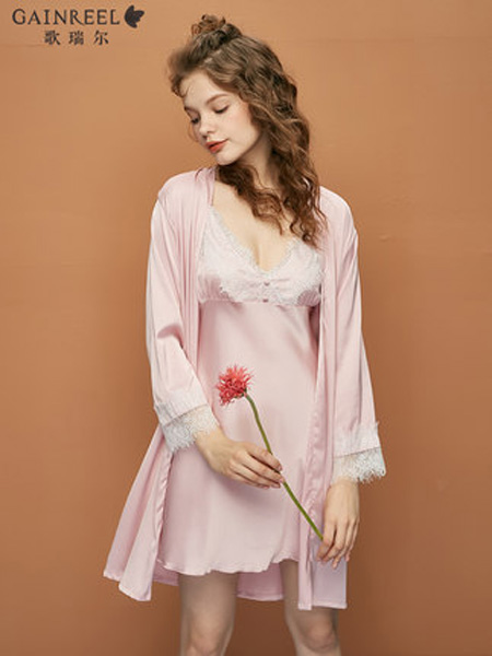 歌瑞尔GAINREEL内衣品牌2019春夏甜美蕾丝性感吊带长袖睡裙两件套睡衣睡袍