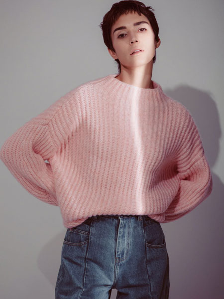 阿莱贝琳休闲品牌2019秋季粉色针织毛衣
