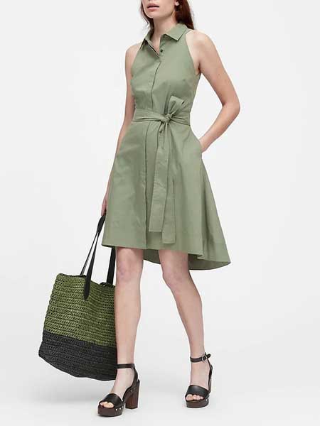 laura biagiotti女装品牌2019春夏军绿色蓝条纹高低衬衫连衣裙