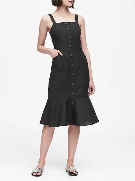 laura biagiotti女装品牌2019春夏复古收腰时尚气质显瘦吊带单排扣连衣裙