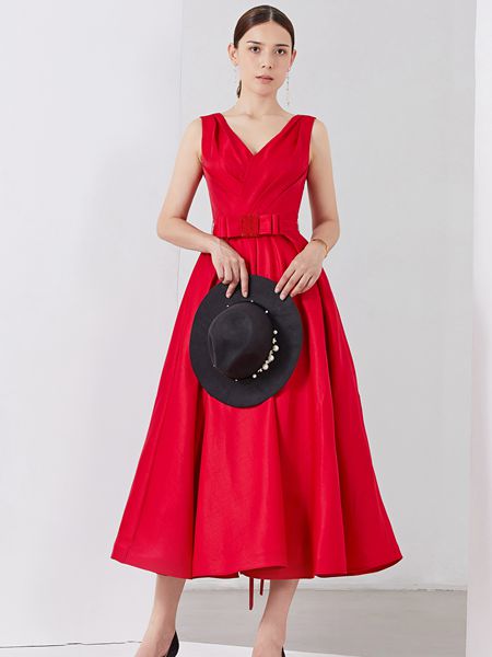 雅默YAAMOO女装品牌2019春夏气质时尚红色长裙
