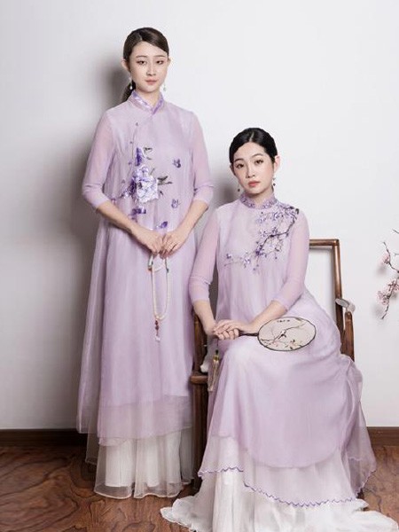 久亿女装品牌2019春夏中国风紫色网纱裙