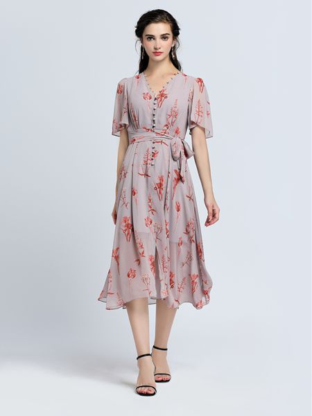 音非女装品牌2019春夏新款甜美印花短袖长款舒适连衣裙