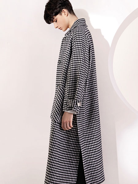 意澳女装品牌2019秋冬中长款经典千鸟格手工双面羊绒大衣