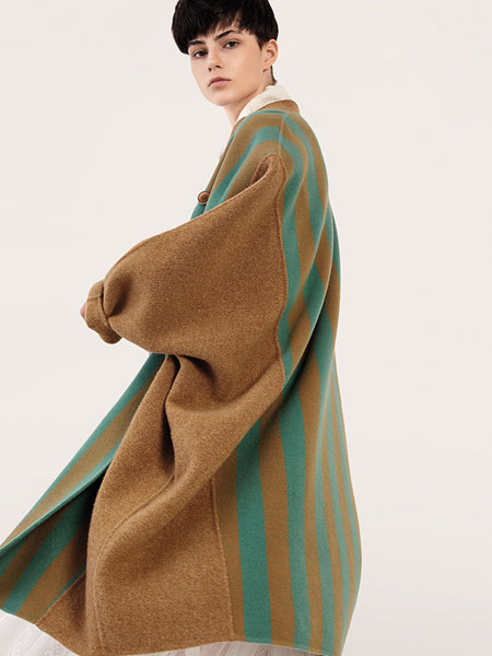 意澳女装品牌2019秋冬撞色西装长大衣羊毛呢外套