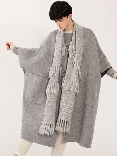 意澳女装品牌2019秋冬连肩袖大气廓型贴袋双面羊绒大衣