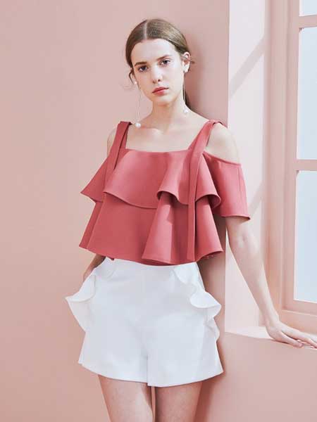 糖力潮品女装品牌2019春夏绑带短款衬衫双层荷叶边短袖罩衫